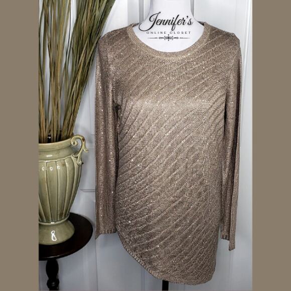 3/$25 Apt. 9 Women's Tan Asymmetrical Sequin Scoop Neck Long Sleeve Sweater - Picture 1 of 10